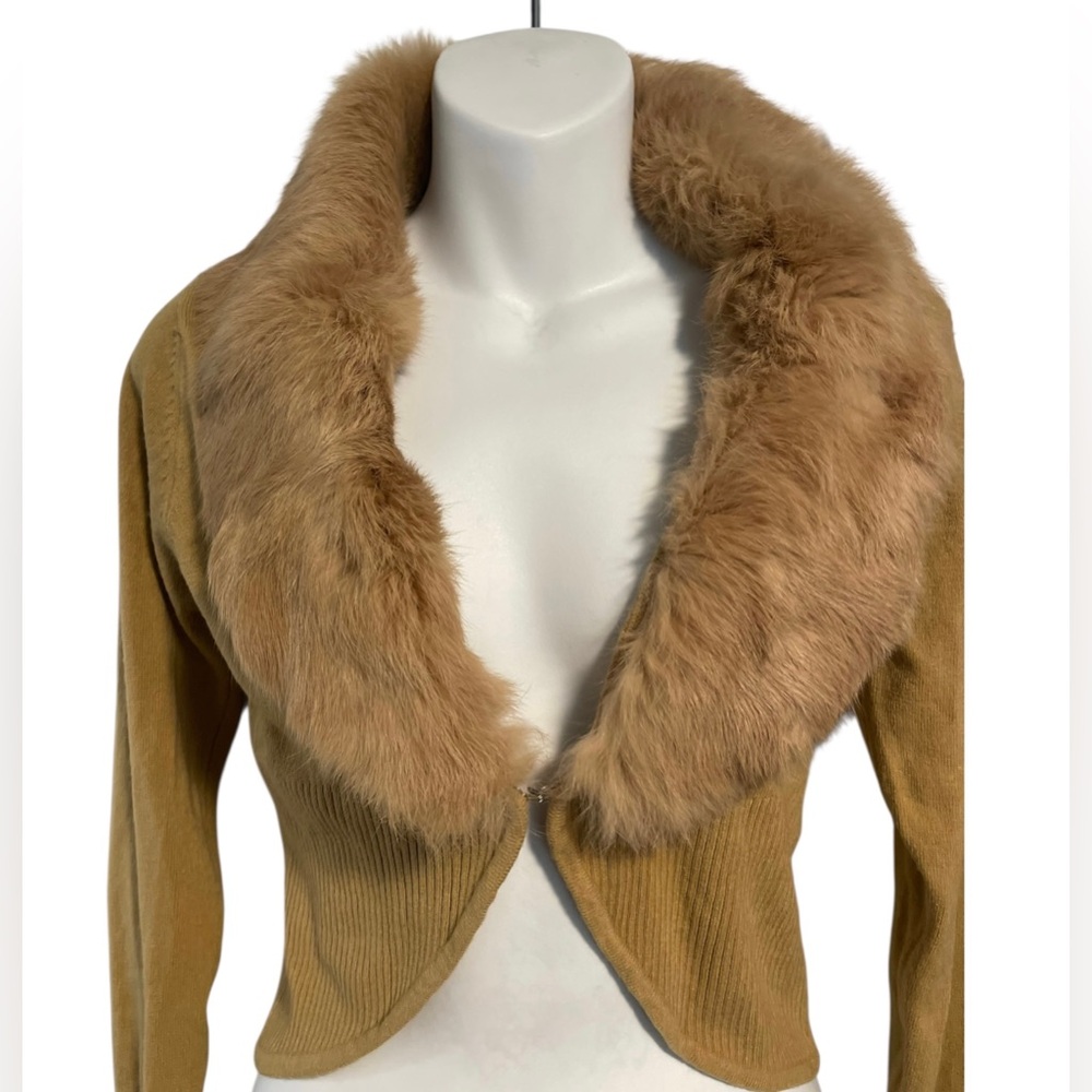 XOXO Collection Brown Rabbit Fur Trim Crop Ribbed Cardigan Sweater Y2K Sz Medium - Picture 6 of 12